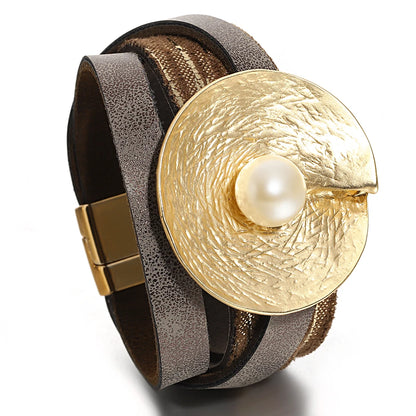 Wrinkled Textured Disc Leather Bohemian Pearl Wrap Chunky Bracelets