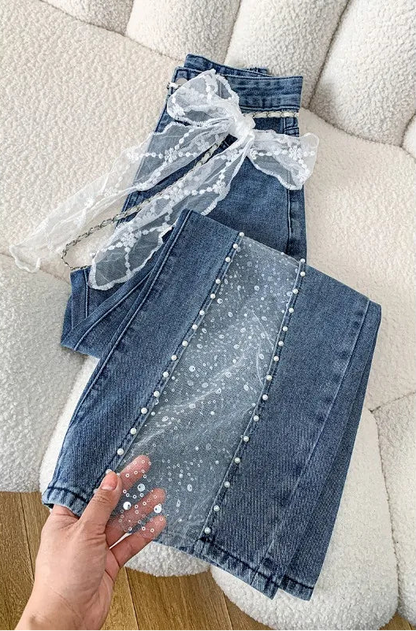 Baggy Jeans Flare Lace Applique Crystal Wide Leg Pearl Slit Pants