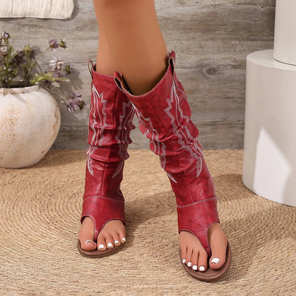 Embroidered Clip-Toe Wedge Heel Stylish Breathable Western Boots