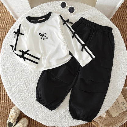 Autumn Red Bow Decoration Letter Embroidery Long Sleeved Pants Set