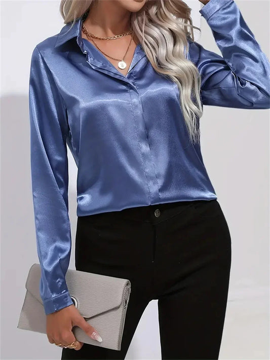 Elegant Turn-Down Collar Satin Long Sleeve Blouse