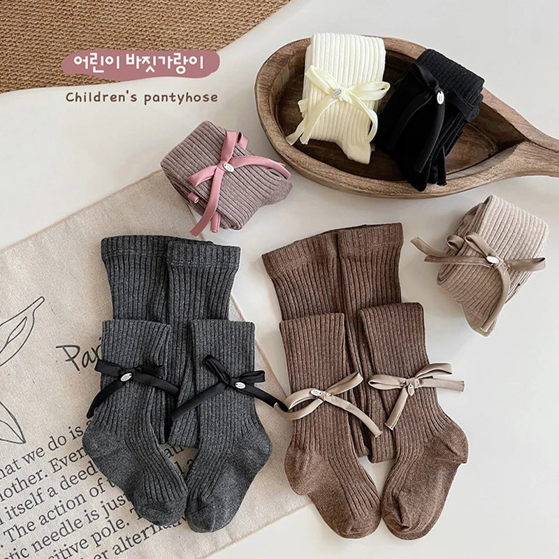 Autumn Grils Leggings Bow Knitted Pantyhose Bottom Toddler Ribbed Stockings