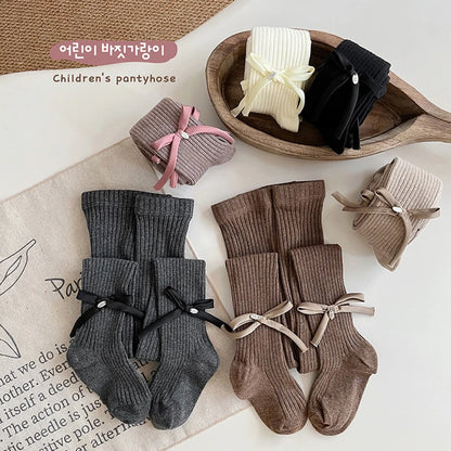 Autumn Grils Leggings Bow Knitted Pantyhose Bottom Toddler Ribbed Stockings