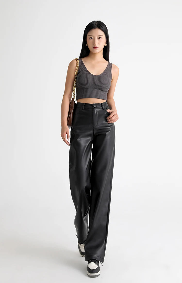 Fall Winter Fleece Loose Wide Leg Leather Pants