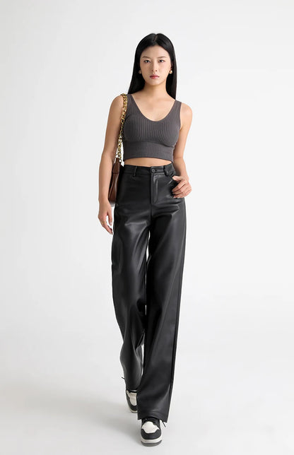 Fall Winter Fleece Loose Wide Leg Leather Pants