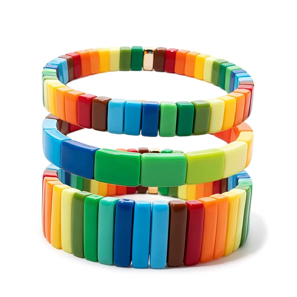 Colorful Acrylic Beaded Elastic Handmade Rainbow Color Bracelets