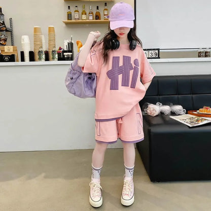 Short Sleeve Teen Loose Casual Letter Print Outfits Set