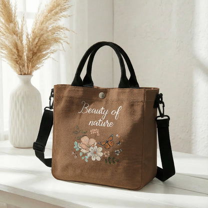 Floral Butterfly Letter Print Brown Canvas Tote Bag