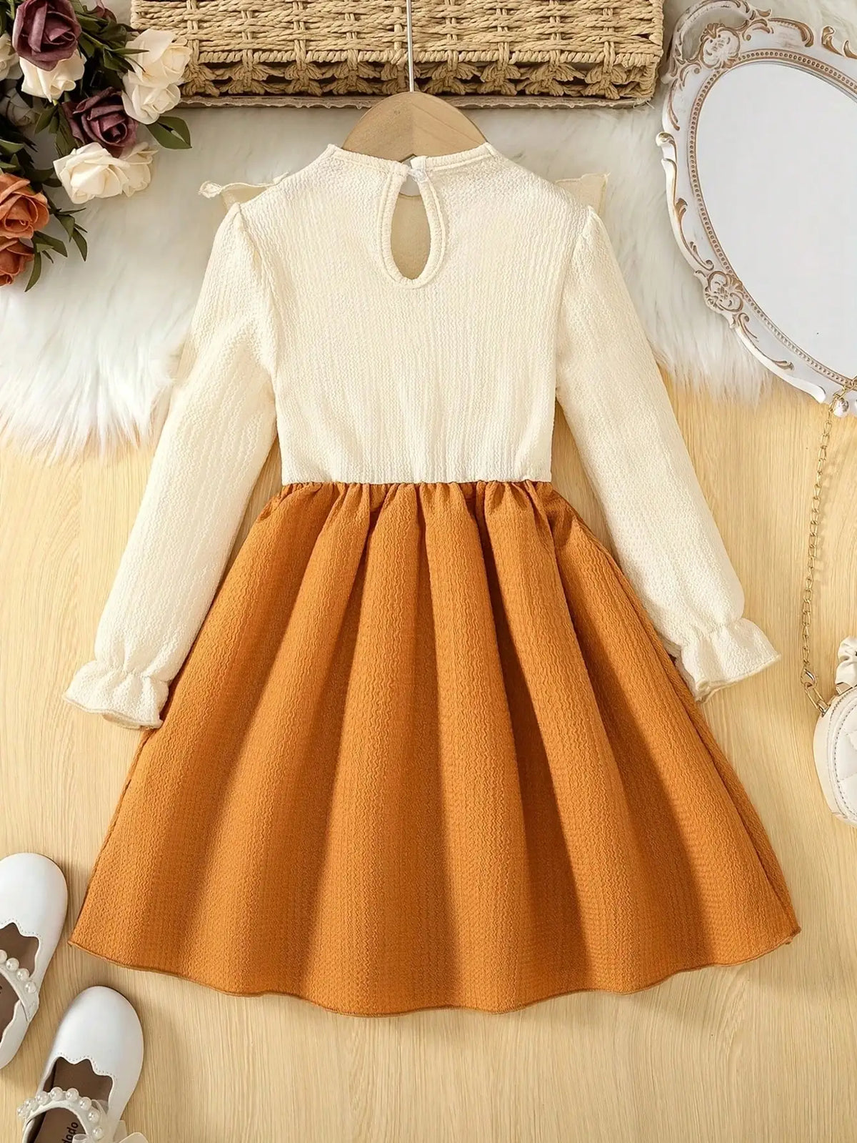 Elegant Long Sleeved Floral Waist Bow Ruffled Collar Dress Mid