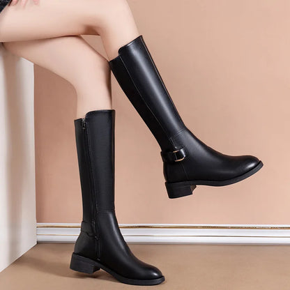 Leather Knee Metal Buckle Boots