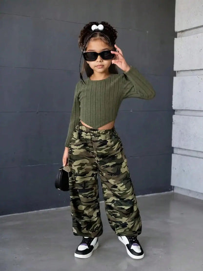 Sporty Casual Long Sleeve Top And Camo Print Pants Set