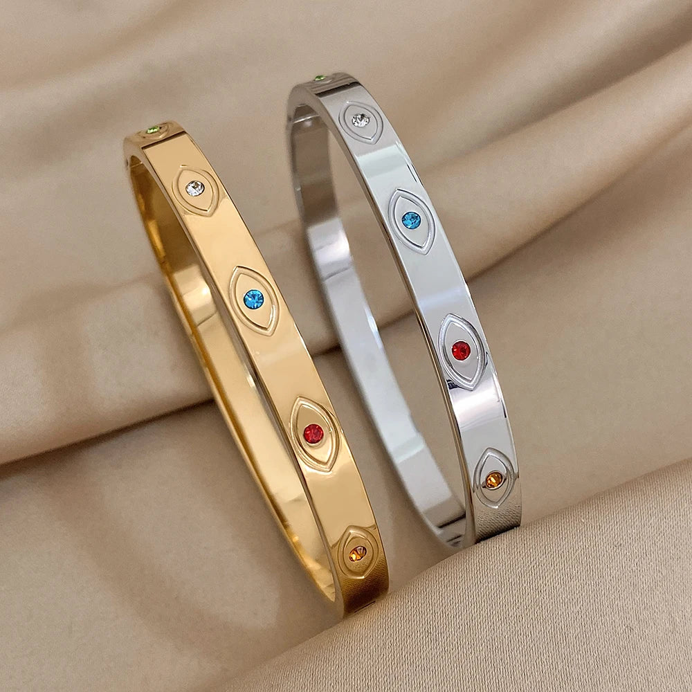 Multiple Vintage Inlaid Rhinestone Zircon Stainless Steel Wide Bangles Bracelets