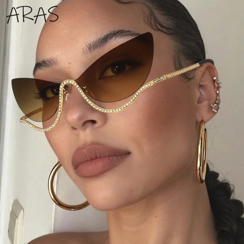 Sexy Cat Eye Rimless Luxury Brand Rhinestone Sun Glasses