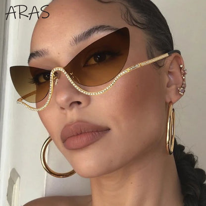 Sexy Cat Eye Rimless Luxury Brand Rhinestone Sun Glasses