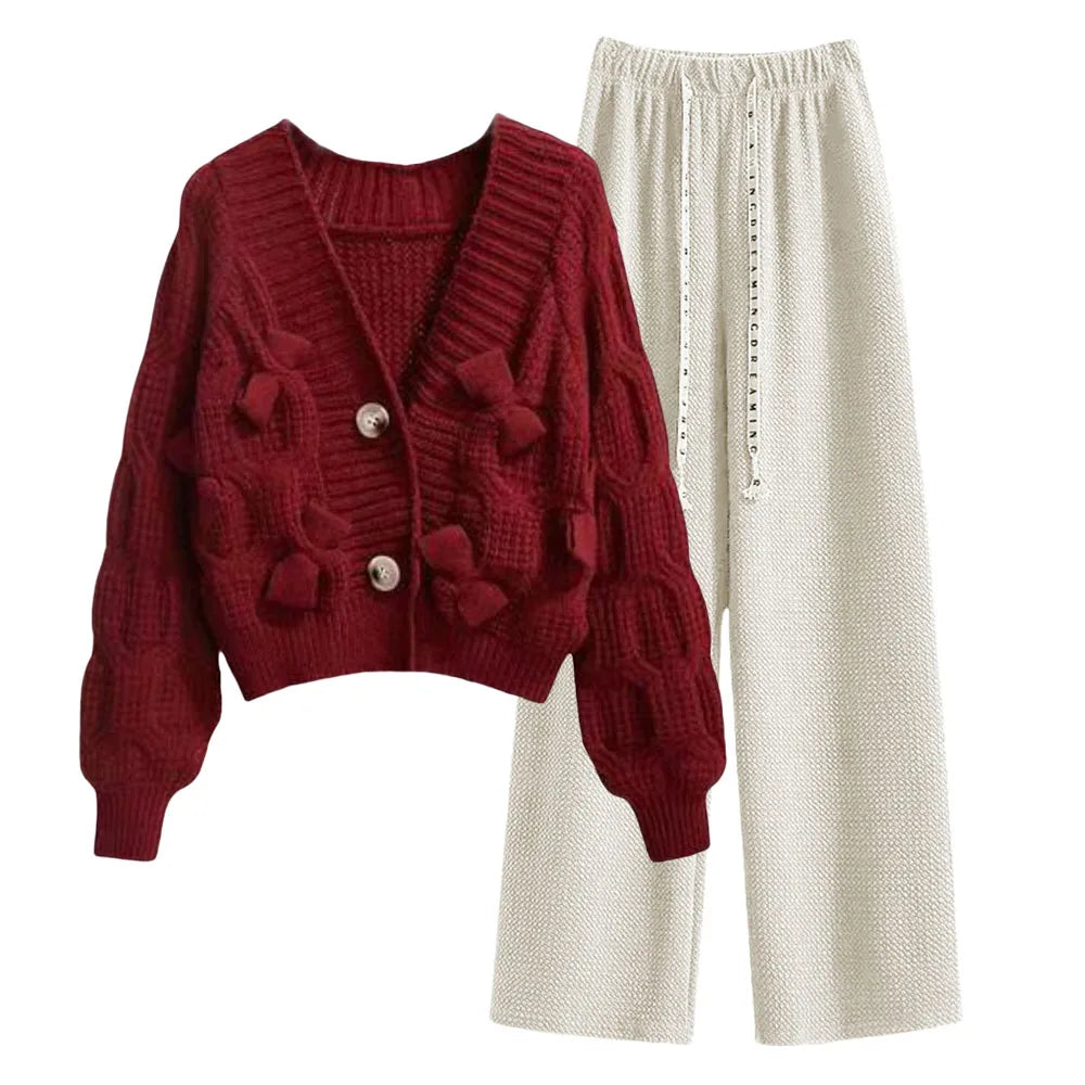 Korean Sweet Bow Outfit Long Sleeve Cardigan Knitwear Wide Leg Pants Set