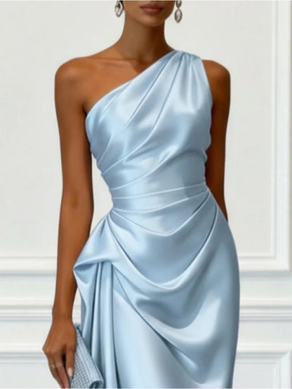 One Shoulder Satin Midi Dress With Ruched Waist Sleeveless