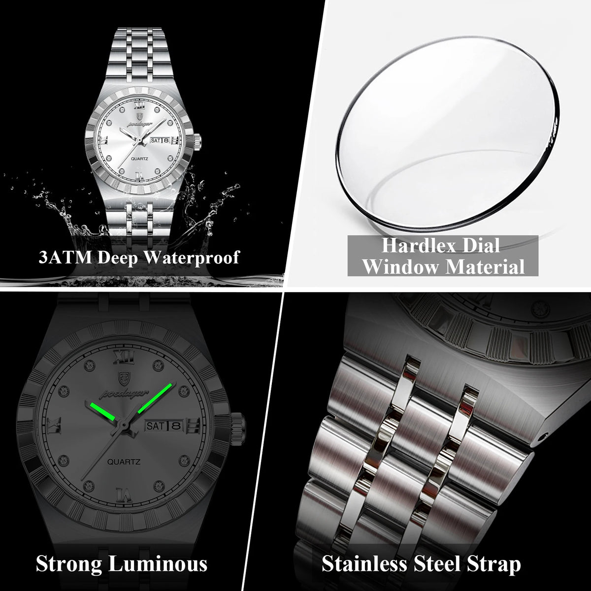 Luminous Waterproof Week Date Stainless Steel Quartz Watches