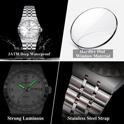 Luminous Waterproof Week Date Stainless Steel Quartz Watches