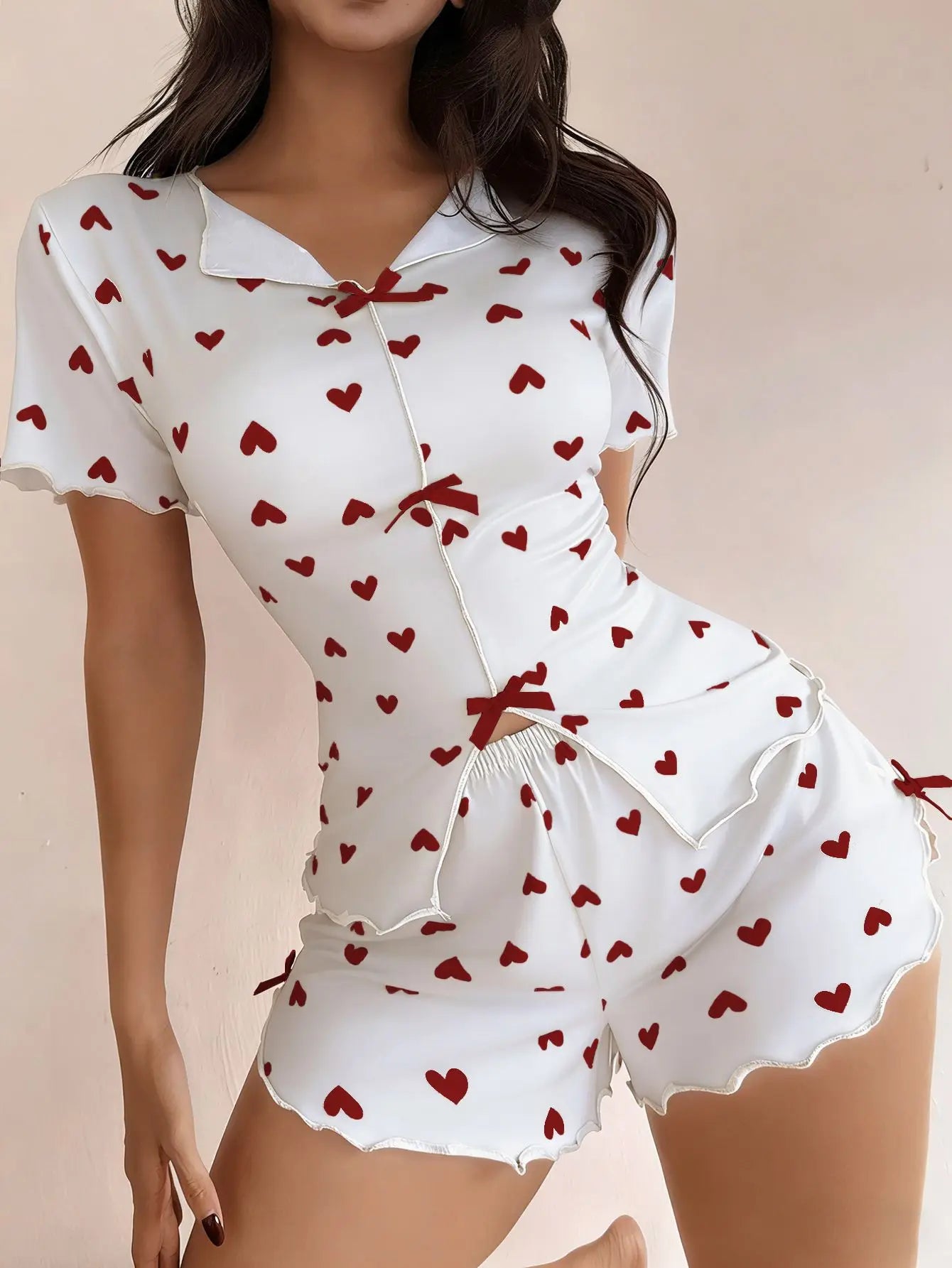 Love Printed Collar Short Sleeve Bow Slim Fit Pajamas