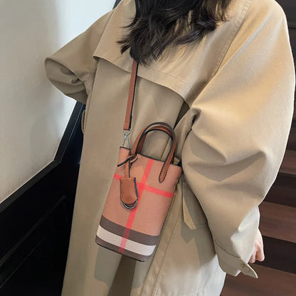 Luxury Mini Bucket Plaid PU Leather Crossbody Bag