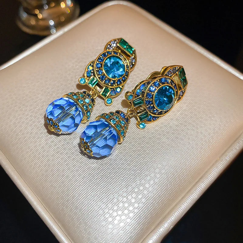 Vintage Blue Water Drop Crystal Clips Earrings