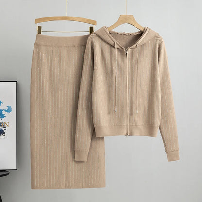 Knitted Cardigan High Waisted Buttocks Wrapped  Skirt Diamond Sets