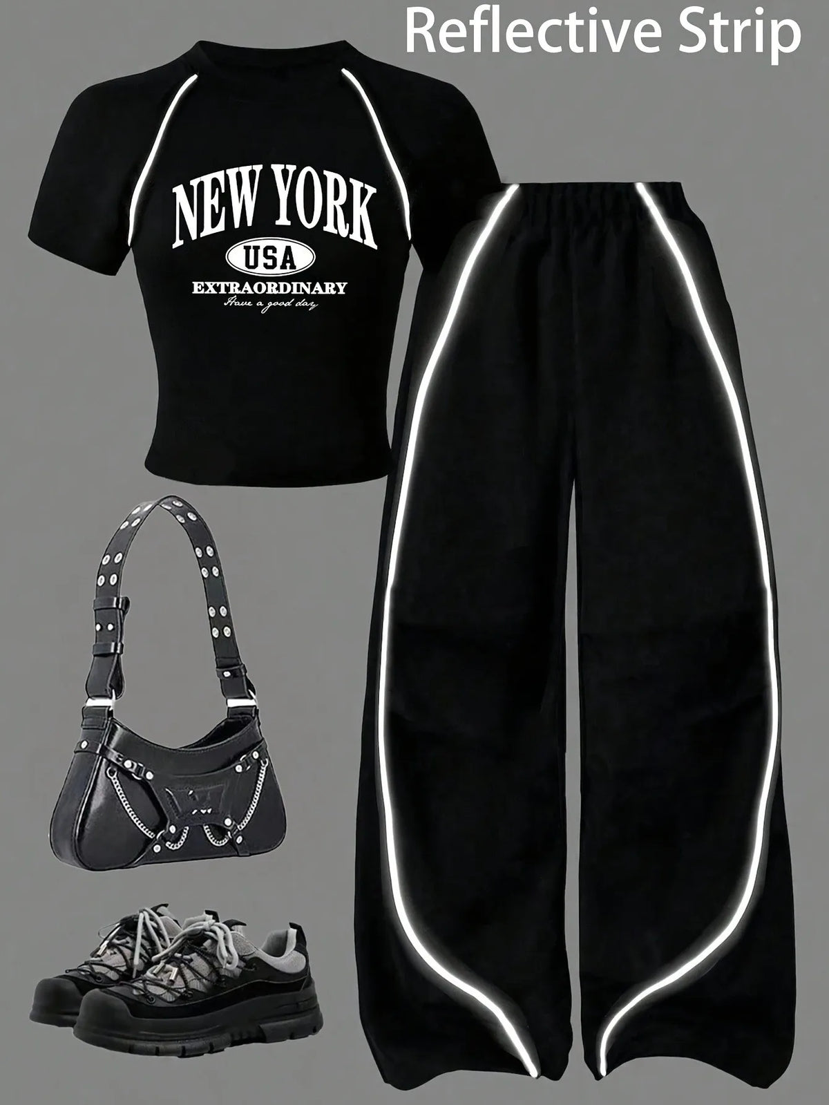 Summer and Autumn Casual Outfit Black Tight-Fitting Short-Sleeve Long Pants Set
