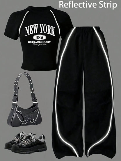 Summer and Autumn Casual Outfit Black Tight-Fitting Short-Sleeve Long Pants Set