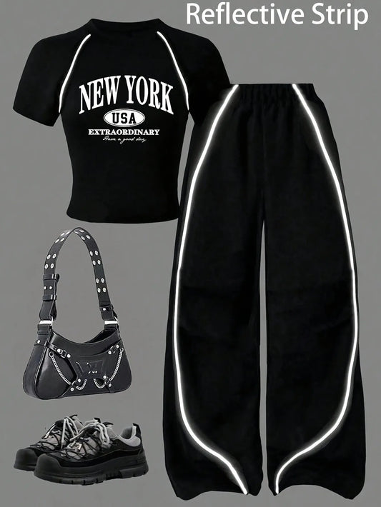 Summer and Autumn Casual Outfit Black Tight-Fitting Short-Sleeve Long Pants Set