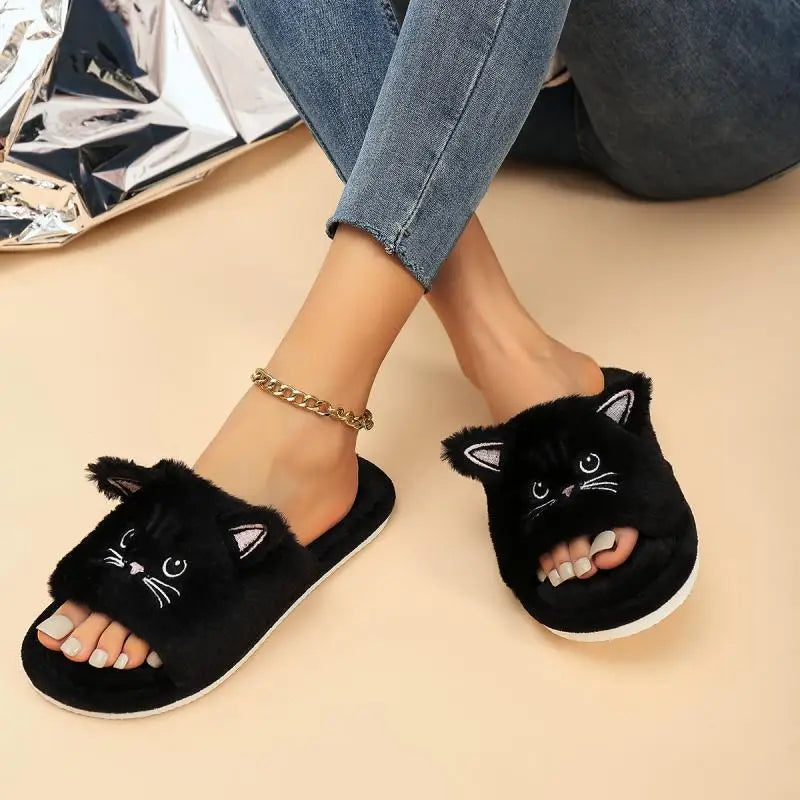 Fluffy Flat Cat Cartoon Luxury Slippers