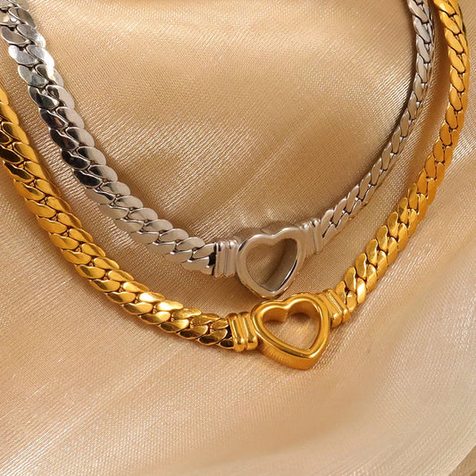Stainless Steel Solid Gold Pvd Plated Chunky Thick Chain Hollow Heart Choker Necklace
