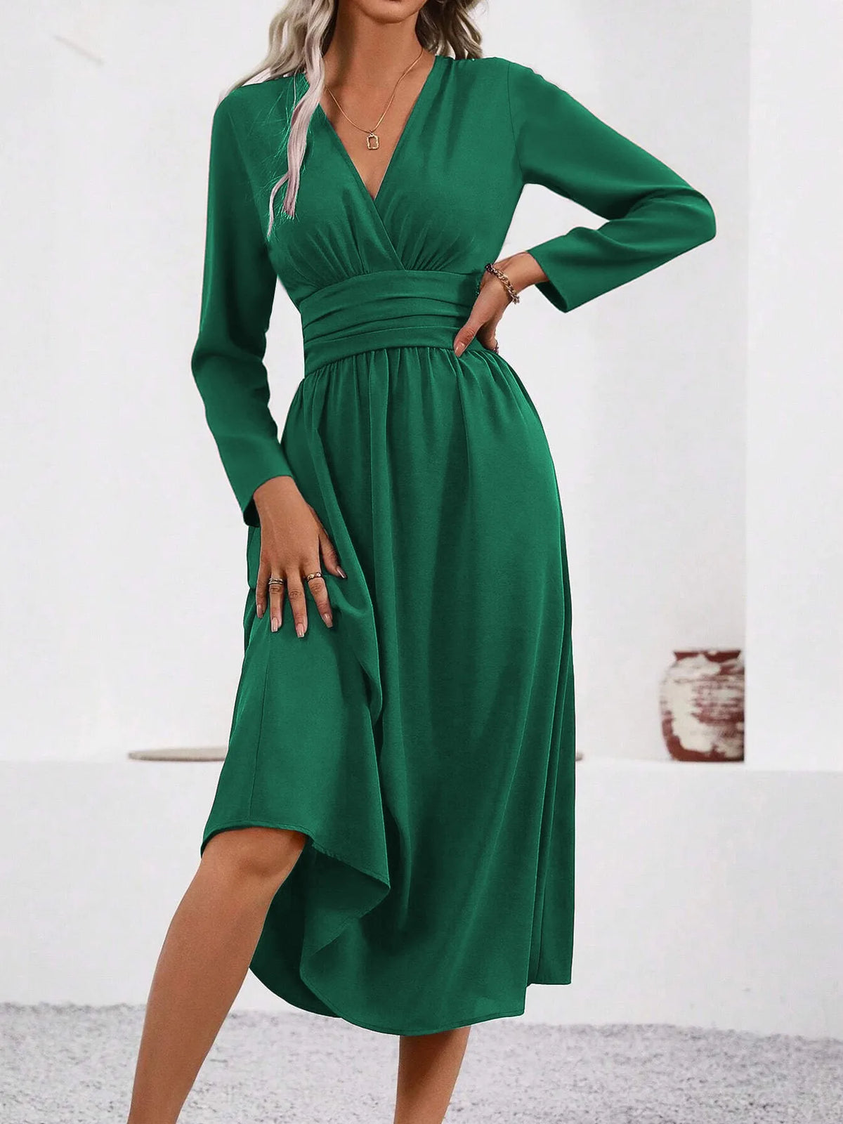 Elegant V-Neck Long Sleeve with Waist Shirring Bodycon Long Maxi Dress
