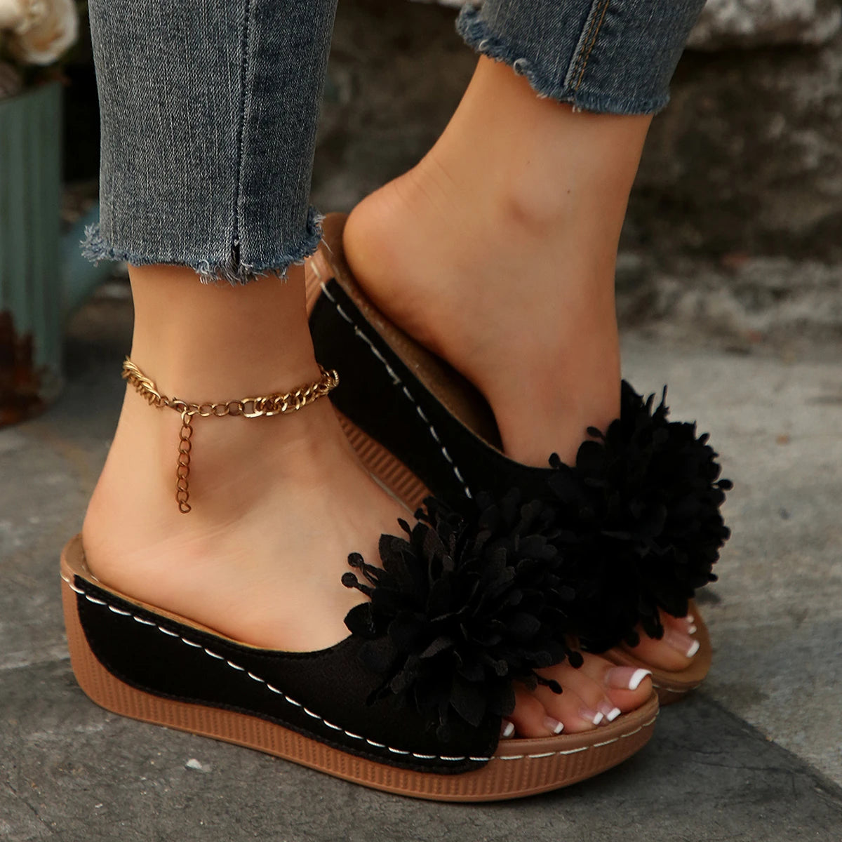 Flower Decoration Wedge Open Toe Slip Sole Sandals