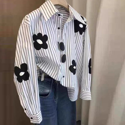 Flower Stripe Long Sleeved Loose Shirt