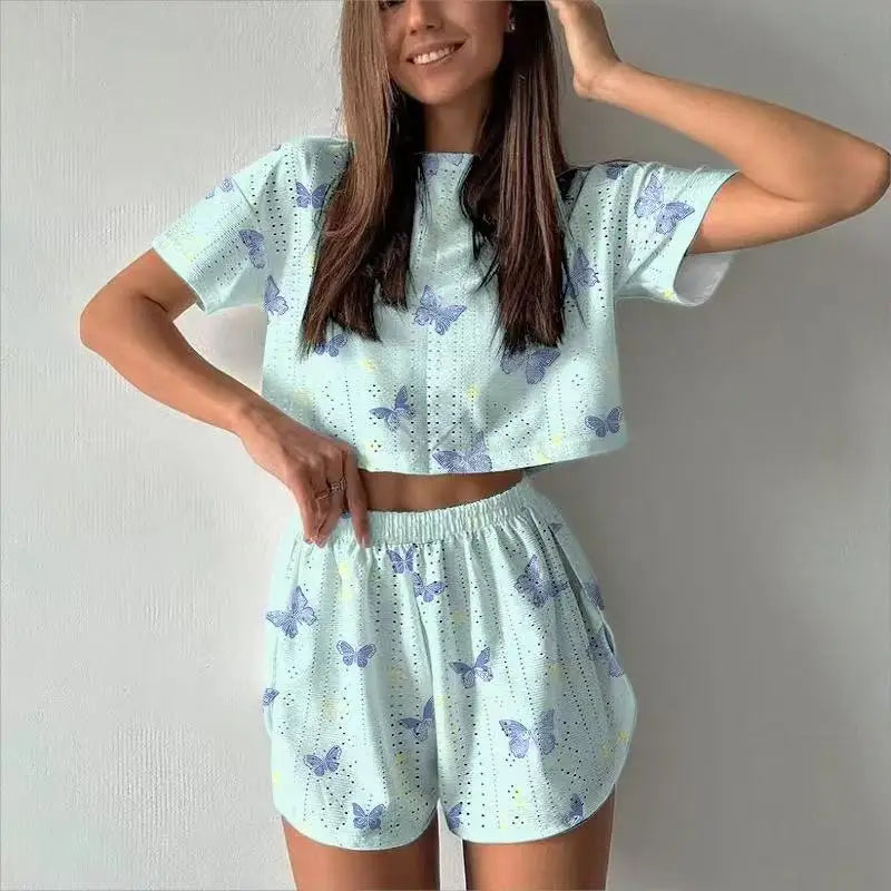 Short Sleeve Shorts Jacquard Print Pajamas Set