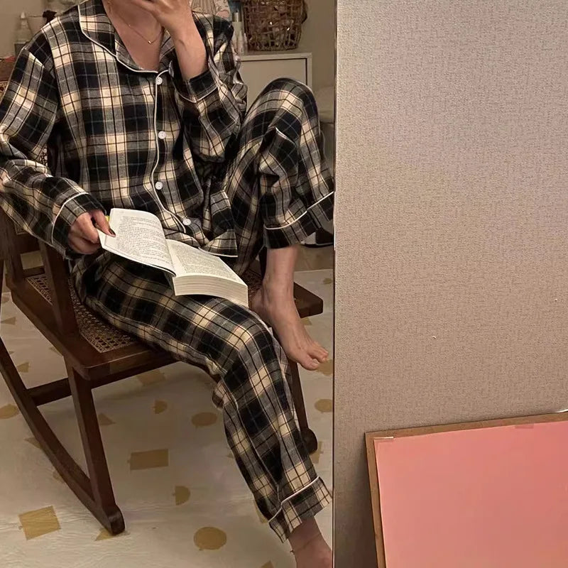 Japanese Casual Thin Style Plaid Lapel Cardigan Pajama Sets