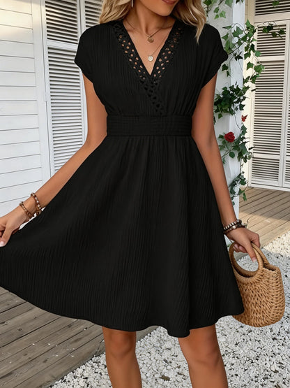 French Lace V-neck Fitted Short Puff Sleeves Dress