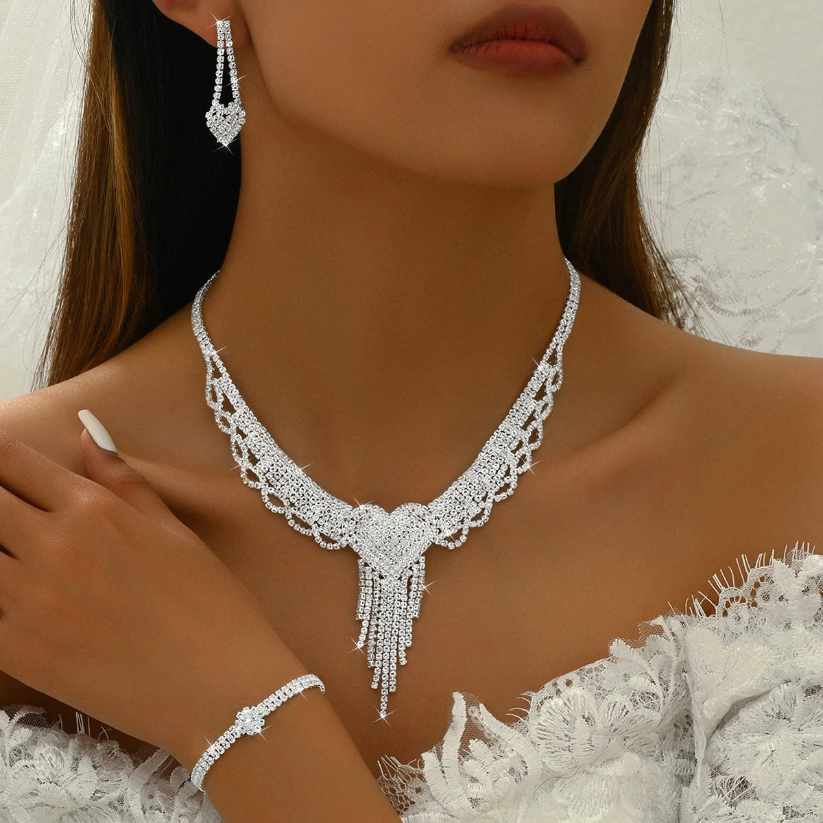 Peach Heart Tassel Necklace Set