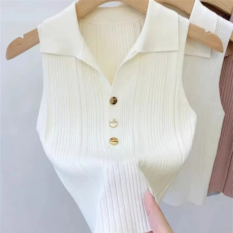 Slim Versatile Camisole Polo Lapel Vest Ice Silk Knit Sleeveless