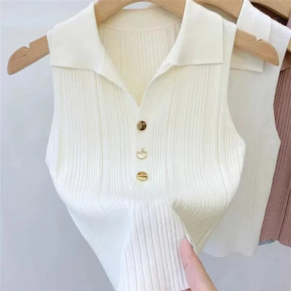 Slim Versatile Camisole Polo Lapel Vest Ice Silk Knit Sleeveless