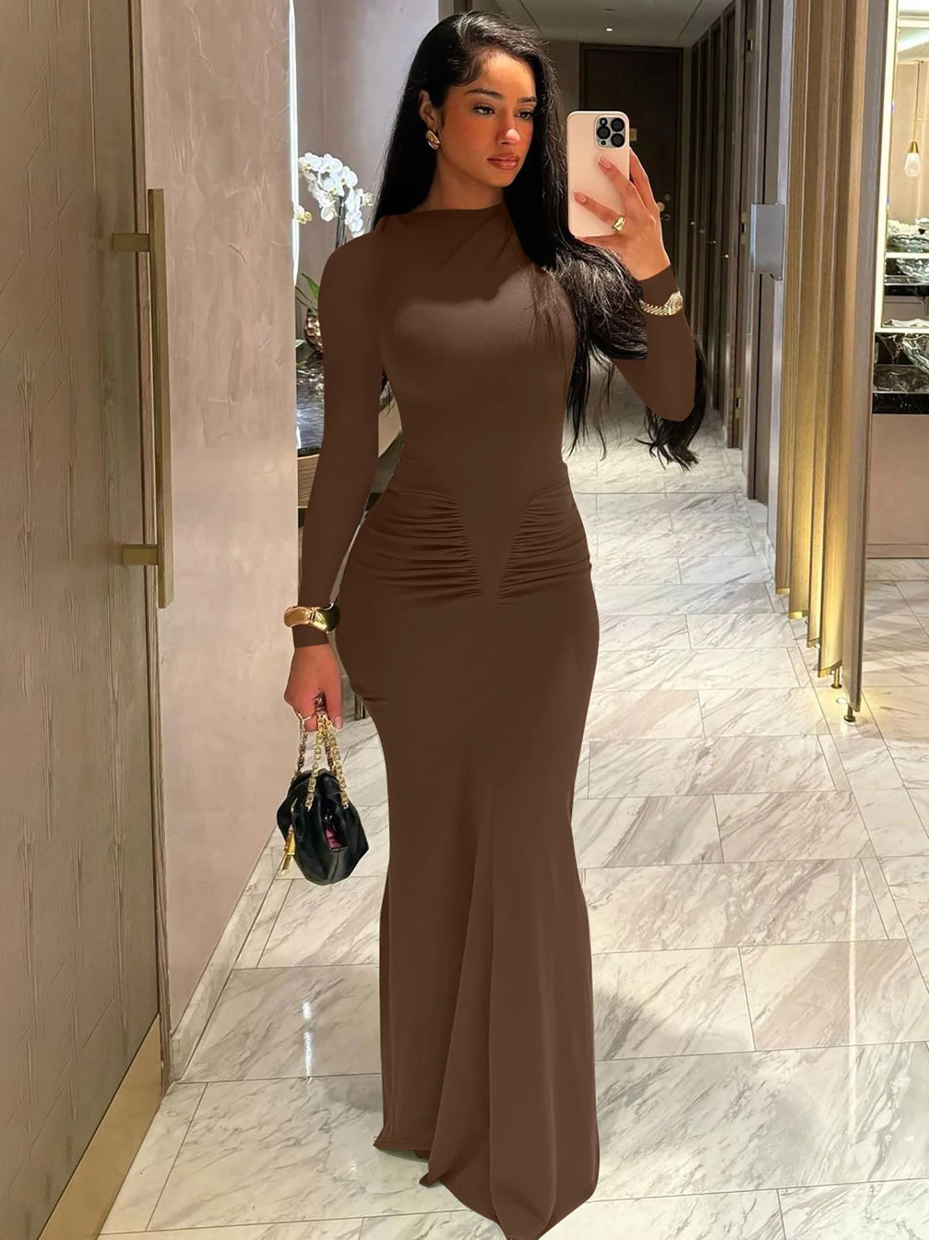 Long Sleeve Draped Sexy Maxi Prom Dress