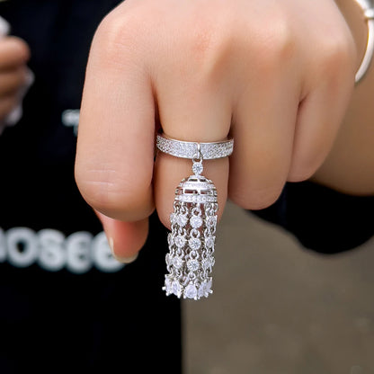 Luxury Chunky Cubic Zirconia Paved Long Dangle Drop Tassel Charm Rings