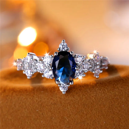 Cute Blue Oval Zircon Stone Vintage Silver Rings