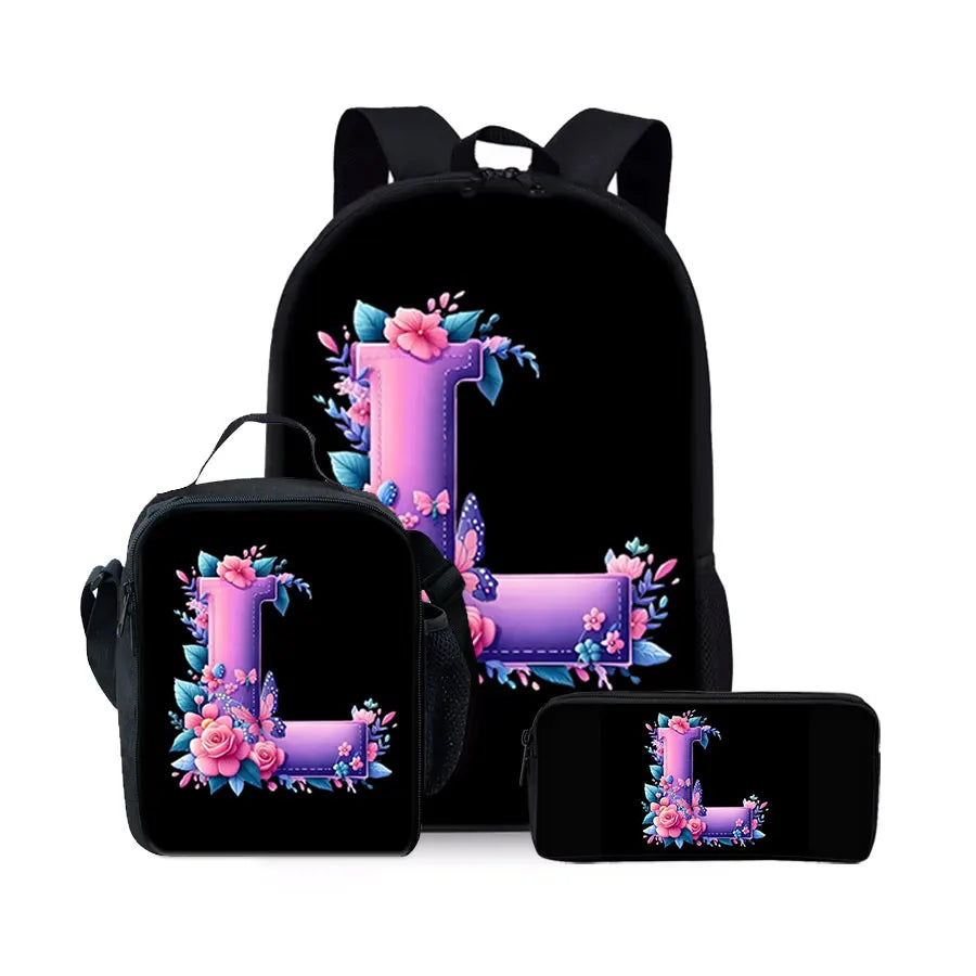 English Alphabet Pattern 2D Flat Cartoon School Backpack Three Piece Set