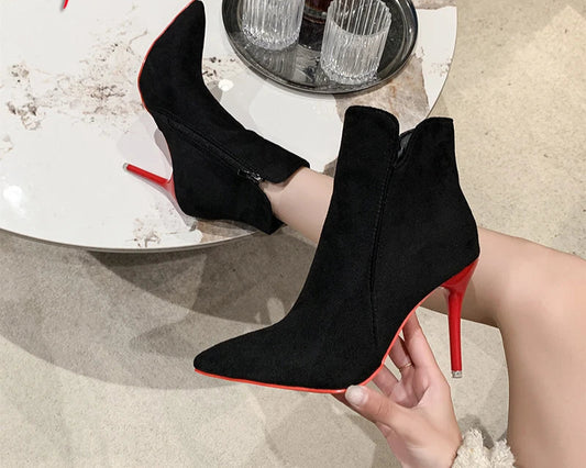 Red Heels Zip Warm Black Ankle Boots