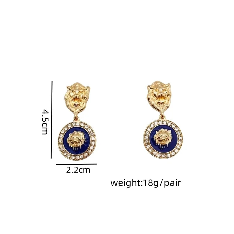 Punk Embossed Lion Head Drop Gold-plated Zircon Gothic Earrings