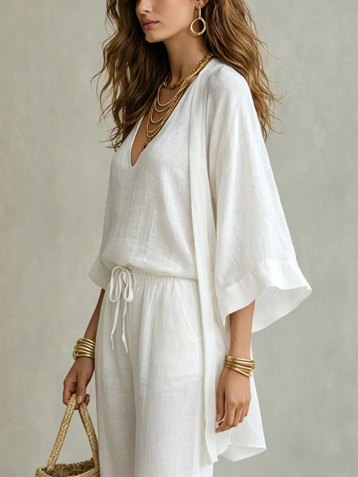 White V Neck Tank Top Wide Leg Pants Kimono Cardigan 3 Piece Set