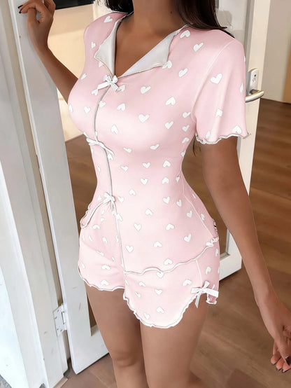Love Printed Collar Short Sleeve Bow Slim Fit Pajamas