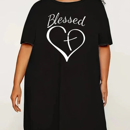 Plus Size Nightgown 3D Printed Heart Short Sleeve Long Tops Micro Stretch Dresses