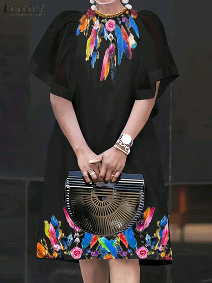 Mesh Patchwork Sundress Mini Ruffle Short Sleeve Dress